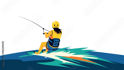 Colorful minimalist wakeboarding scene with character in motion