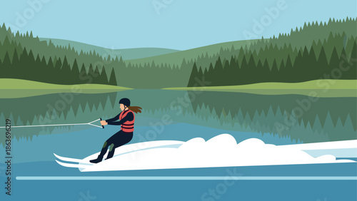 Lake wakeboarding adventure with scenic forest background in flat design