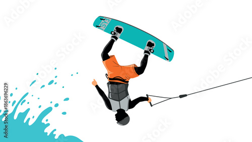 Dynamic wakeboarding stunt with blue splash and orange shorts