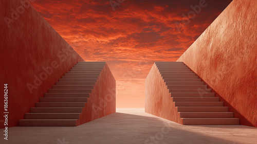 3D rendering of symbolic stairs leading to Heaven and Hell, representing religious choice, moral decision, and spiritual journey in a dramatic and conceptual scene.
