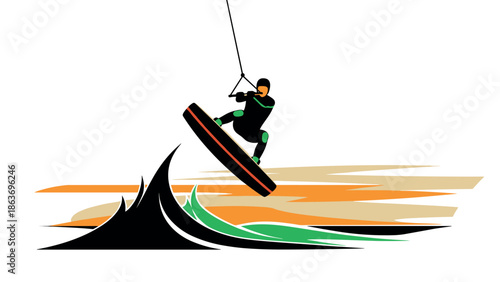 Dynamic kiteboarding adventure against vibrant sunset waves