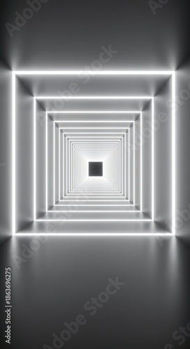 Seamless abstract corridor of pure white light fading into an endless void, symbolizing infinite possibilities and perpetual motion, motion, futuristic, seamless