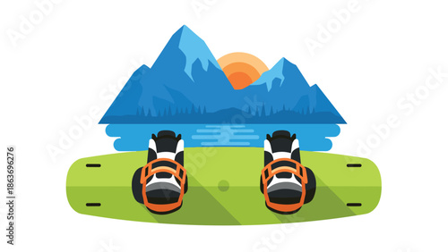 Sunset over mountains and lake with snowboarding gear in flat design