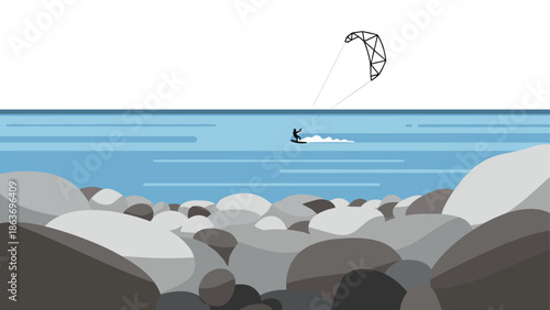 Minimalist kiteboarding scene with rocky beach and ocean view