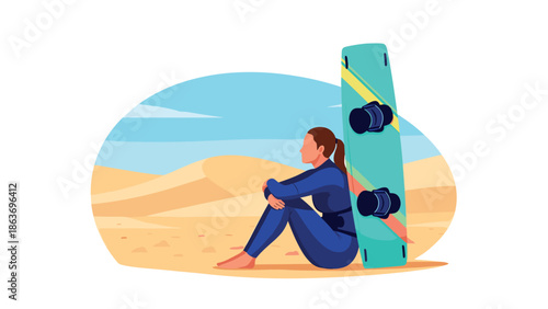 Woman sitting in desert with wakeboard in vibrant desert landscape