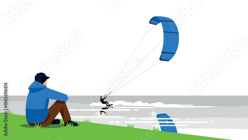 Man watching kiteboarder gliding on water in minimalist graphic design