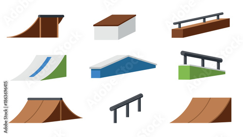 Variety of skatepark ramps and rails set in modern flat design