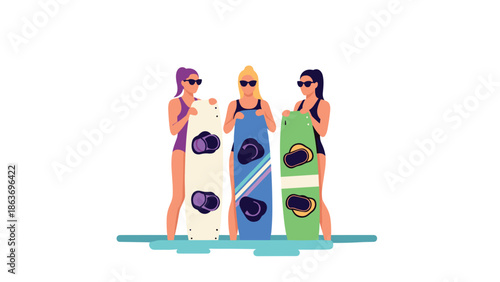 Trio of women ready for summer fun with colorful surfboards in flat style