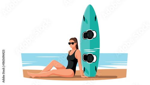 Stylish woman relaxing with surfboard on beach