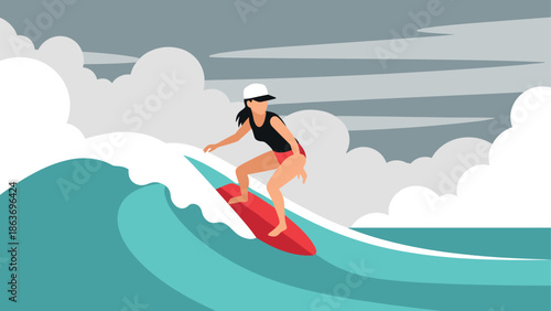 Surfer riding waves in ocean with overcast sky in flat design