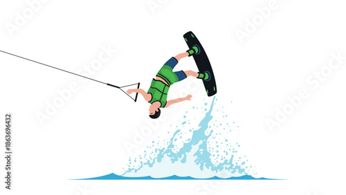 Wakeboarding stunt with splashing water in dynamic flat design