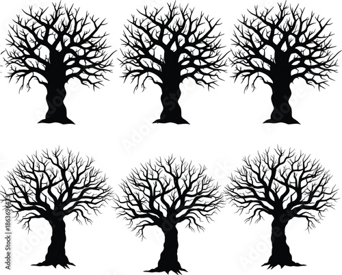 Leafless Tree Silhouette Set with Bare Branches Black Nature Vector Illustration