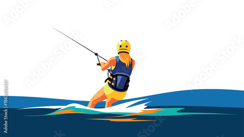 Vibrant flat design of a person kiteboarding on ocean waves