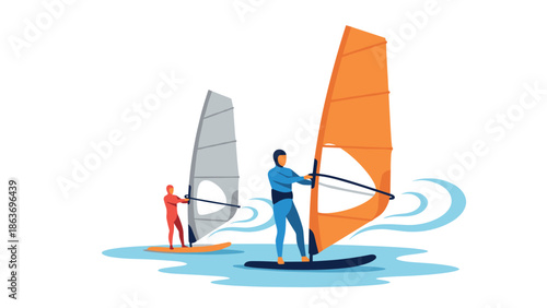 Colorful windsurfing action with two enthusiasts on water