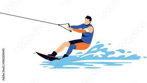 Dynamic action of man wakeboarding on water with splash in flat art style