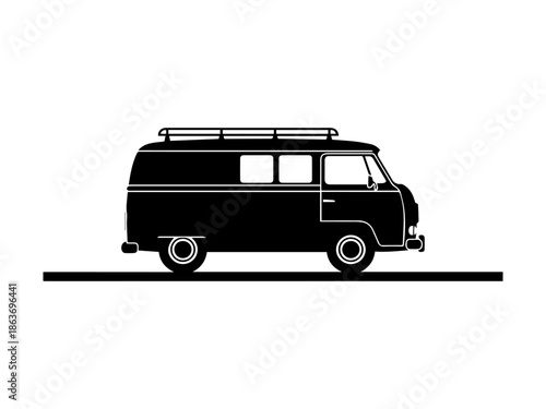 Black and white vector illustration of van car , side view