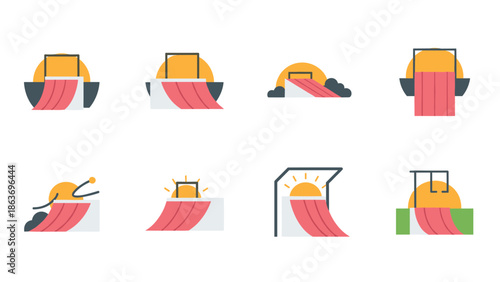 Minimalist flat design sunrise and sunset icons with sun and clouds theme for web and app