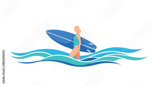 Surfer woman with surfboard in blue waves flat design
