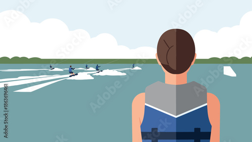 Wakeboarding adventure on a sunny lake with athlete perspective in flat design