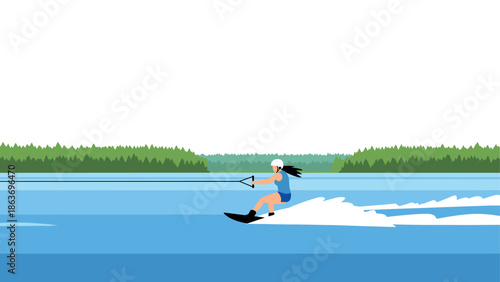 Summer water skiing adventure by the lake with scenic forest background