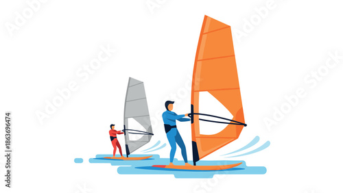 Dynamic windsurfing adventure: two athletes riding waves in a vibrant seascape