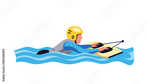 Youth wakeboarder in safety gear gliding over blue waves