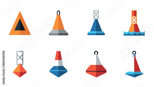 Colorful nautical buoys set in flat design for maritime navigation