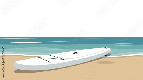 Relaxing beach scene with paddleboard and gentle waves