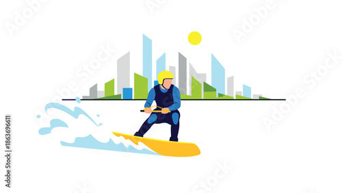 Dynamic urban wakeboarding scene with cityscape in modern flat style