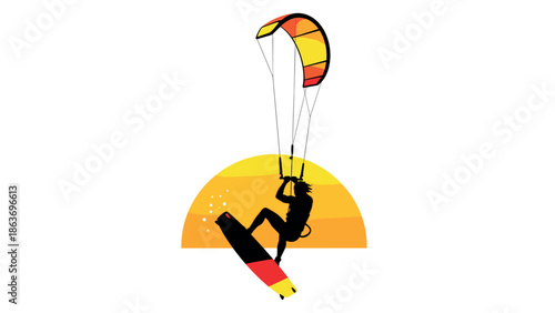 Kiteboarding silhouette at sunset with vibrant parachute over horizon