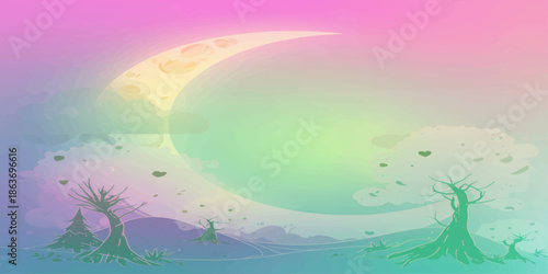 An abstract watercolor nature landscape featuring a beautiful rainbow and sun reflecting over the blue summer sea horizon with soft 3d clouds and waves under a bright sky at sunset