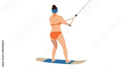 Woman wakeboarding in minimal flat art style on a summer day