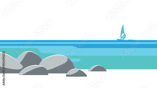 Minimalist beach scene with sailboat and rocks in blue tones