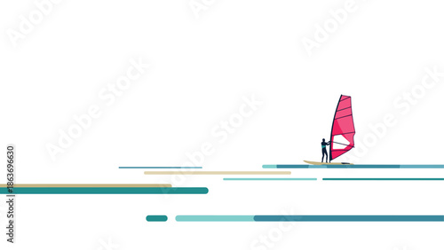Minimalist sailing adventure with bright pink sail and geometric water design