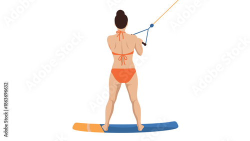Woman in bikini kite surfing from the back