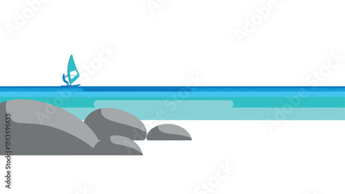 Windsurfing adventure on a tranquil ocean with scattered rocks in minimalist style