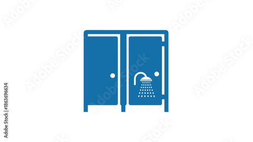 Blue silhouette icon of shower stall with showerhead on white background