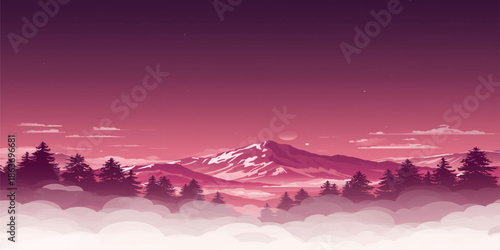 A breathtaking winter landscape of snow covered mountains under a vibrant sunrise sky with soft clouds and mist settling over the peaceful forest valley at dawn