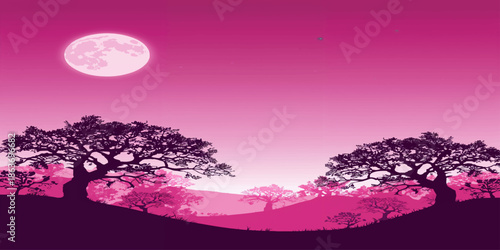 A beautiful night landscape featuring a silhouetted tree against a glowing moon and twilight sky with distant mountain peaks under soft starlight