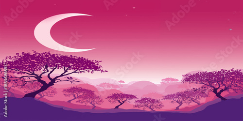 Beautiful night landscape with moon and stars over a mountain silhouette under a glowing evening sky featuring clouds and natural light at dusk