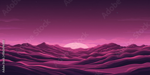 Beautiful mountain landscape featuring a misty sunrise and sunset over blue valley hills with clouds on the horizon at dawn