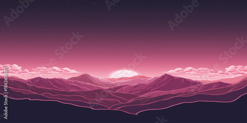 Atmospheric mountain landscape featuring a misty sunrise and glowing sunset over forest valleys with snow-capped hills under a cloudy sky at morning and dusk