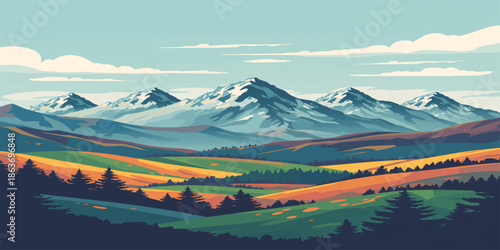 A serene mountain landscape features a blue sky with soft clouds reflecting in a calm lake at sunrise, highlighting snowy peaks and misty valleys for a beautiful summer morning nature scene