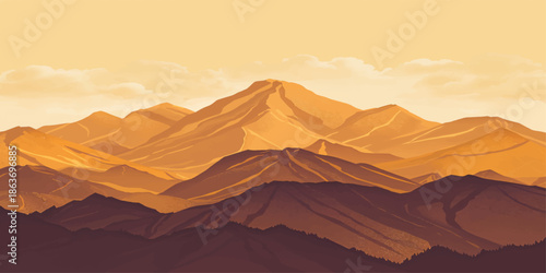 Scenic panorama of snow-capped mountain peaks and a volcanic valley glowing under a dramatic sunset sky with clouds during a summer nature travel adventure