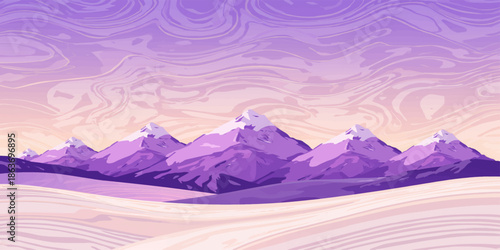 A panoramic winter landscape of the alpine Alps features a snow-covered mountain peak under a scenic sunset sky with clouds over the high cold nature park at the top