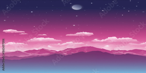 A beautiful dramatic landscape featuring a pink night sky with clouds at dusk where the sunset light creates a colorful abstract atmosphere over the nature horizon