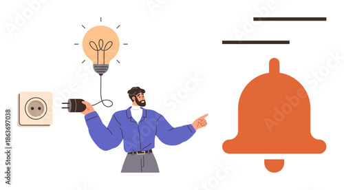 Energy awareness, notifications, technology integration, electricity concepts, user interaction, communication tools. A man with a plug and light bulb points at a notification bell. Energy awareness