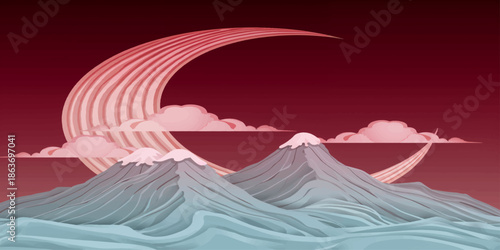 A breathtaking panorama of nature features a vibrant sunset over the sea, beach, and mountains, where golden clouds fill the sky above a serene summer landscape and distant valley view