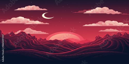 A vibrant orange and red sunset glows over the blue ocean horizon as sunlight breaks through evening clouds to reveal a beautiful mountain landscape at dusk