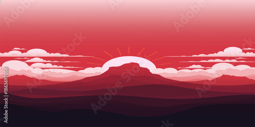 A beautiful vector illustration of a mountain landscape at sunset featuring a glowing sun and orange clouds over a red horizon during dusk